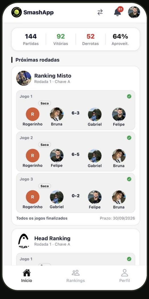 Rodadas e resultados no SmashApp
